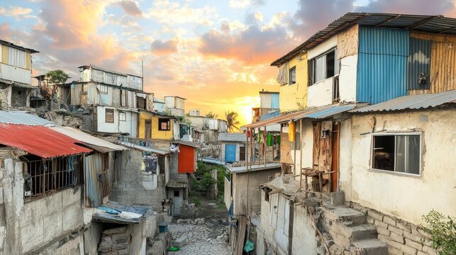 Slum urban inequality concept. Urban slum with colorful houses under a dramatic sunset sky.