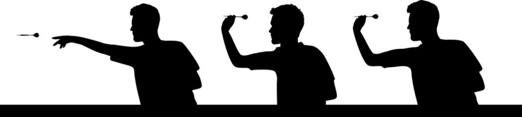 Vektor Silhouetten Dart Spieler - Dartspieler zielen mit Pfeil - Design Darstellung mit Elementen - Vorlage - Turnier - Dartsport - Steel Darts