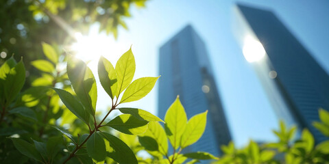 Sunlit Green Leaves with Skyscrapers in the Blurred Background on a Bright, Sunny Summer or Spring Day.