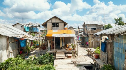 Slum urban inequality concept. A vibrant village scene with houses under a blue sky.