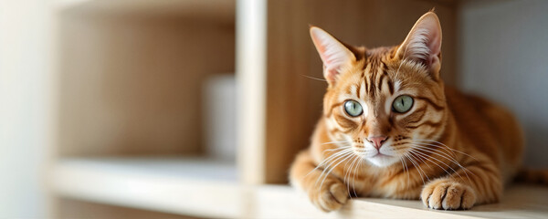 Portrait of an orange cat resting on a wooden shelf in a bright home environment with a focus on its vibrant green eyes. Copy space.