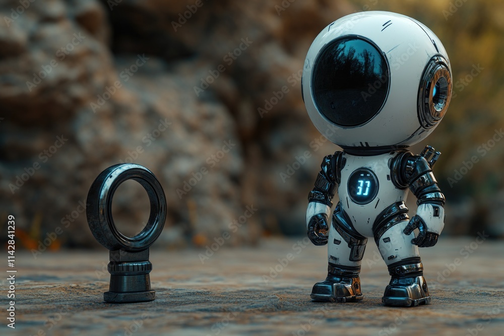 Poster a toy robot standing next to a small object