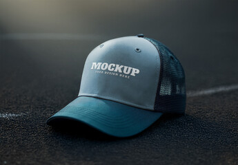 Colorizable Trucker Cap Mockup with Embroidery Effect on the Street Floor with Night Light and Dust Particles