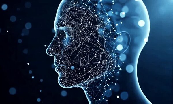 robot human head technology future low poly wireframe side view ai generated video concept