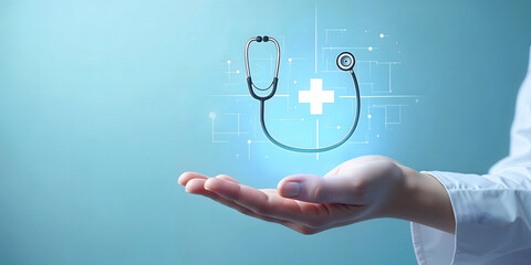 Futuristic healthcare concept: digital stethoscope floating above a hand with blue technological cross background in hologram and copy space.