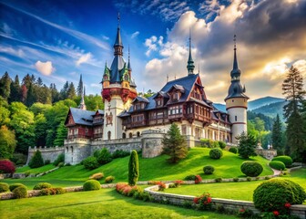 Obraz premium Peles Castle Romania: Stunning Photorealistic Images of Royal Palace Architecture, European History, Landmark, Travel Destination