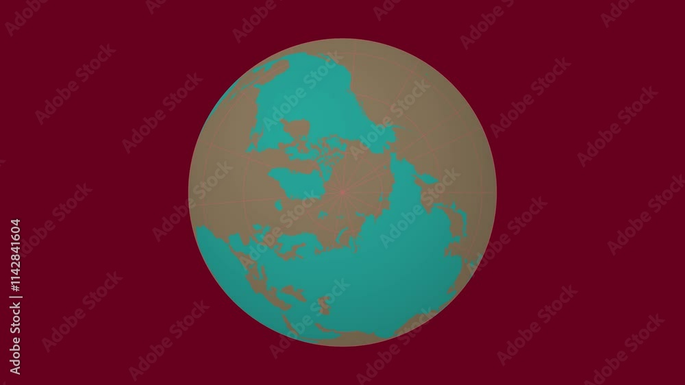 Poster spinning earth. north pole sphere view. moderate speed globe rotation. solid color style. world map 