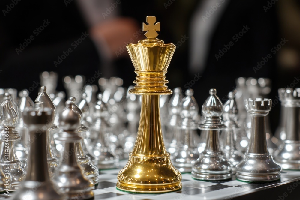 Poster a close-up shot of a golden chess piece sitting on a chess board, with a classic game setup
