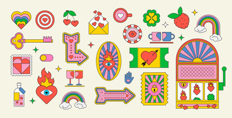 Valentins day. Groovy stickers Y2k. Retro gambling and Cult aesthetics. Trendy Flat design. Love design elements. Big vector set with hearts. Groovy style. Vibrant colors. Simple shapes, retro vibes