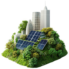 Fototapeta premium Futuristic Sustainable City with Solar Panels and Lush Green Landscape in Urban Environment