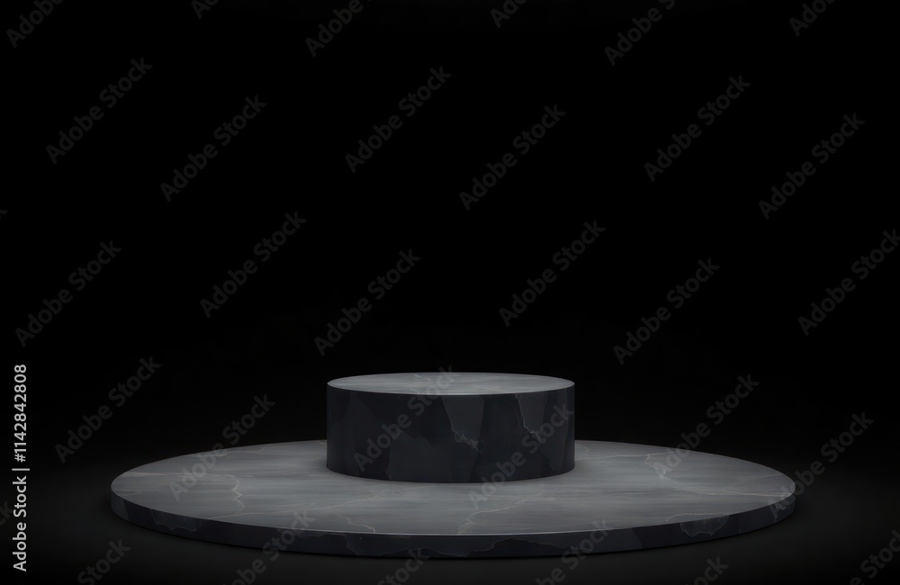 Poster dark gray stone podium on black background. empty display platform for luxury products. elegant and 