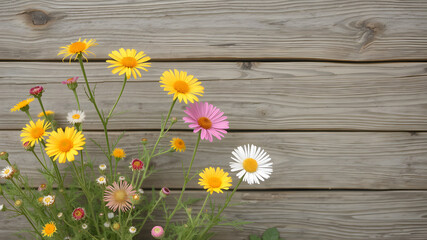 Obraz premium wooden background with flowers with copy space for greeting message. Love and greeting concept. AI generated image, ai
