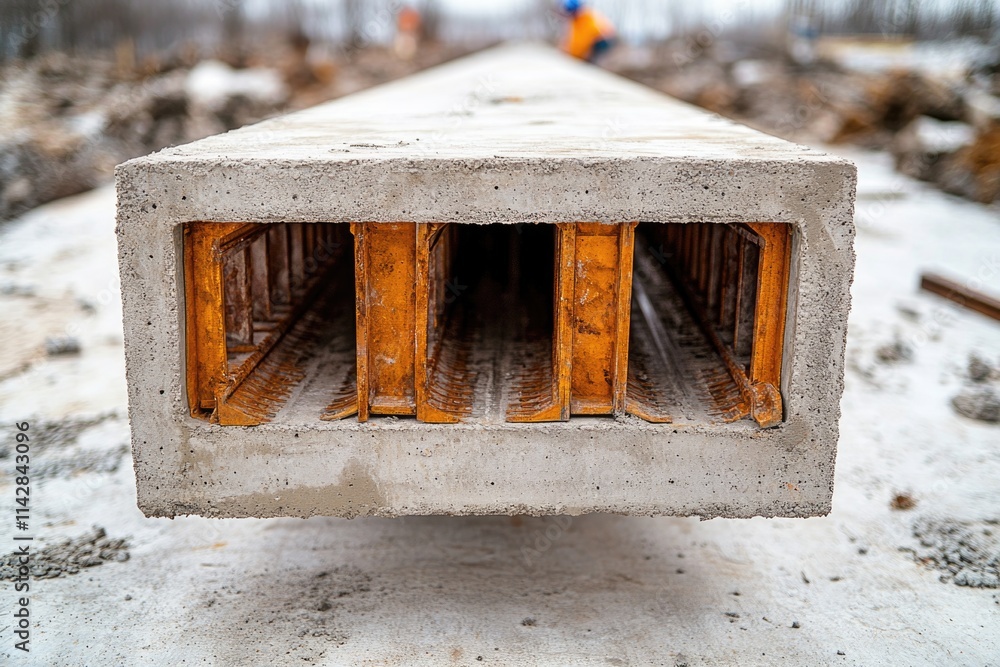 Poster Concrete block with a person in the background, great for architecture or construction-themed projects