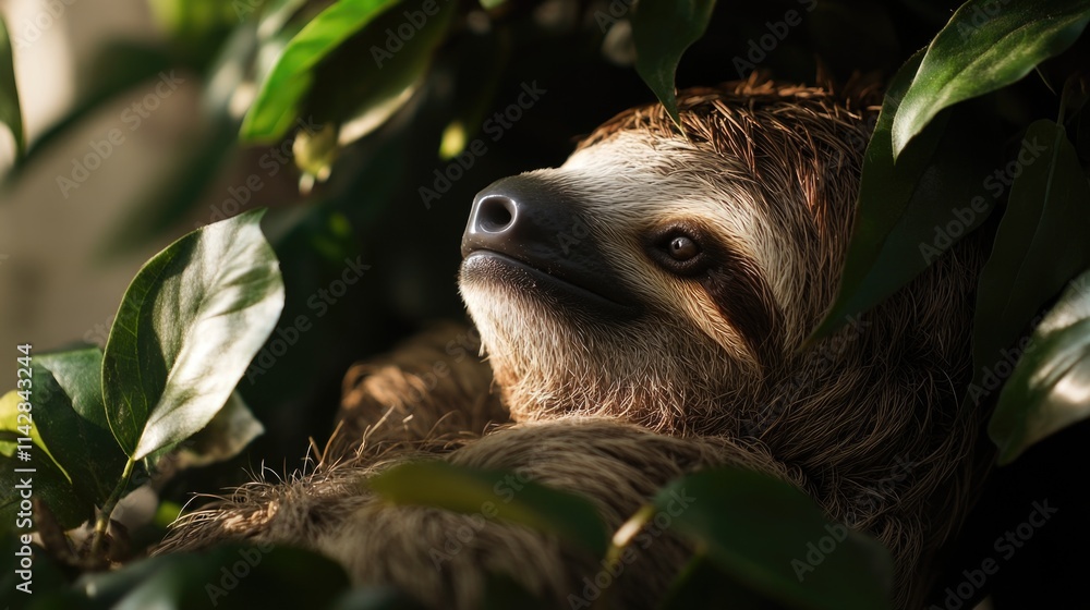 Poster a close-up shot of a sloth hanging upside down in a tree, its fur and branches blending in with the 