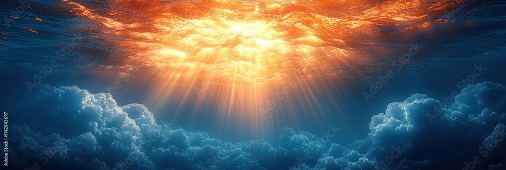 Poster a serene underwater scene with light rays penetrating the surface, creating a tranquil atmosphere.