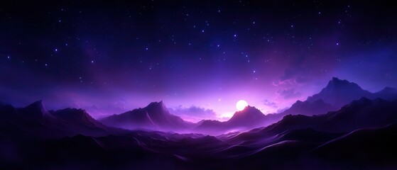 Fototapeta premium A serene, purple-hued landscape at twilight, featuring mountains under a starry sky, evoking a sense of tranquility and wonder.