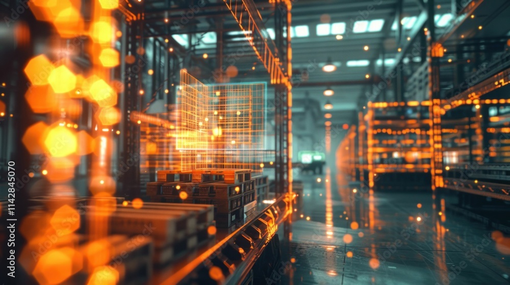 Poster digital warehouse with glowing orange lights and abstract data visualization elements in a futuristi