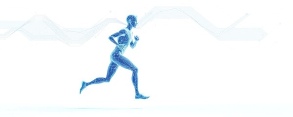 Obraz premium Athlete running with tech data visualization. AI-powered sports tech analysis, performance optimization. Wearable devices monitor health, training data in real time. Data-driven coaching strategy for