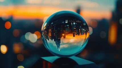 A clear glass ball sits atop a wooden post, simple and elegant