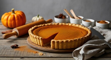 Pumpkin pie with slice removed, surrounded by baking tools and ingredients on wooden table