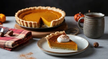 Pumpkin pie slice with whipped cream, whole pie, mug, and autumn decor on table