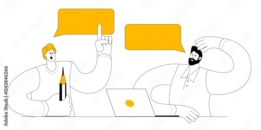 Aufkleber developer and designer discussing work. vector illustration on the topic of development, design and 