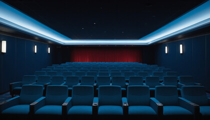 Naklejka premium Modern Movie Theater: Empty Auditorium with Dim Lighting and Serene Atmosphere