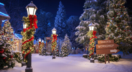 Festive winter scene with Christmas lights, decorations, and snow-covered trees
