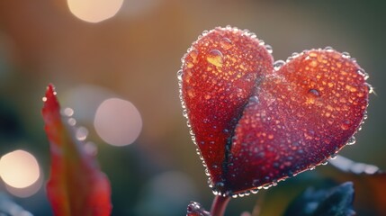 A close-up shot of a heart-shaped plant with water droplets glistening on its surface