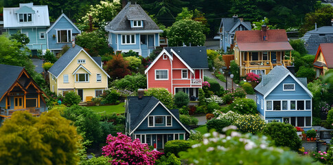 A vibrant neighborhood showcasing colorful houses and lush gardens.