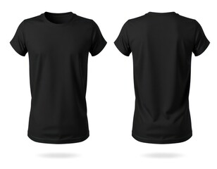 Naklejka premium Realistic blank black t-shirt mockup. Front, back views. Blank template for customization. High quality image isolated on white background. Suitable for apparel design. Modern, trendy design resource