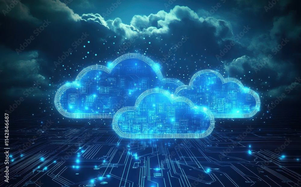 Poster illustration of three blue, glowing clouds with a circuit board pattern the background is dark blue 