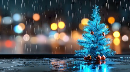 Festive Blue Christmas Tree with Ornaments in Rainy Atmosphere
