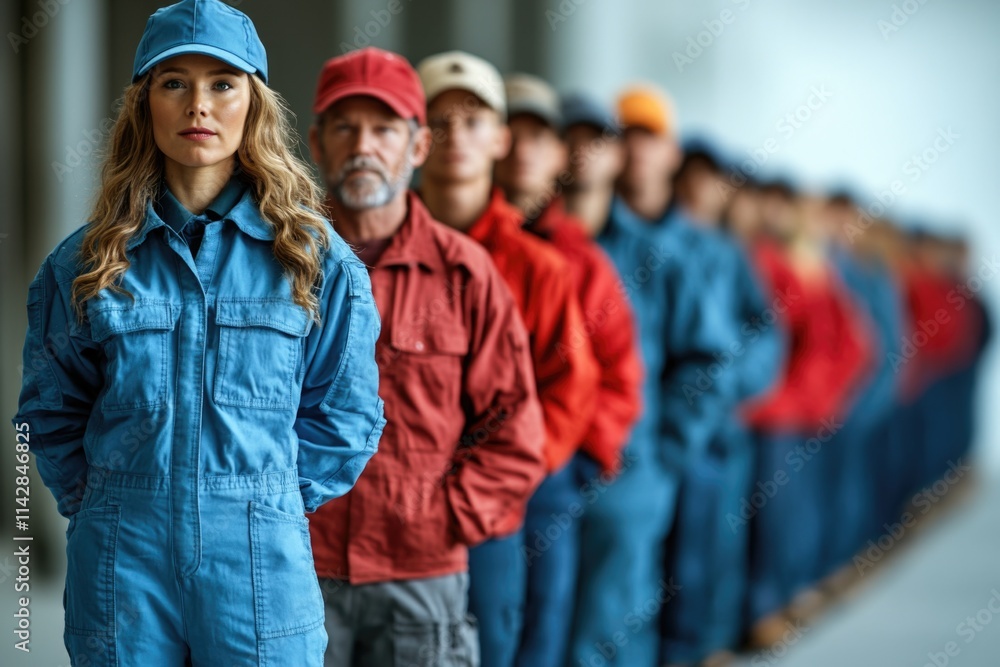 Poster group of construction workers standing in a line, ready for work or instruction