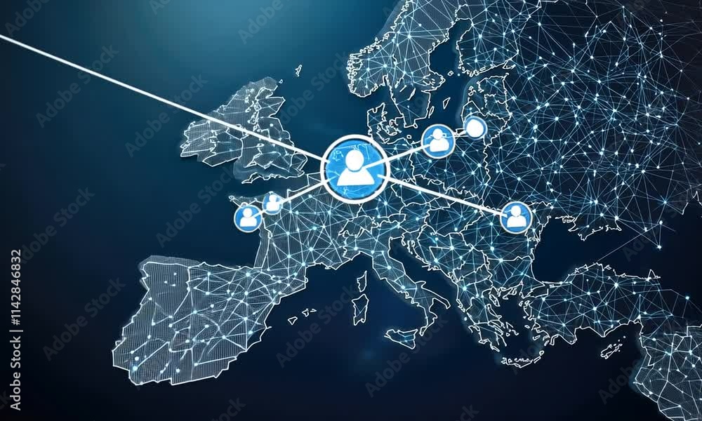 Poster dynamic representation of interconnected networks across europe showcasing data flow and connectivit