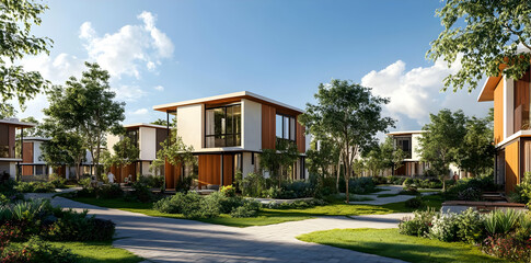 Modern residential complex featuring contemporary homes and landscaped gardens.