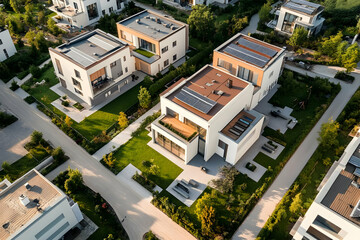 Fototapeta premium Aerial view of modern houses with solar panels and landscaped gardens.