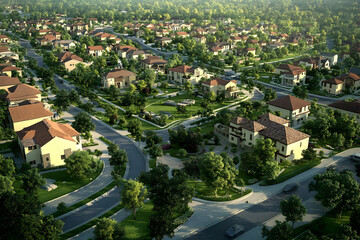 Aerial view of a suburban neighborhood with homes, roads, and greenery.