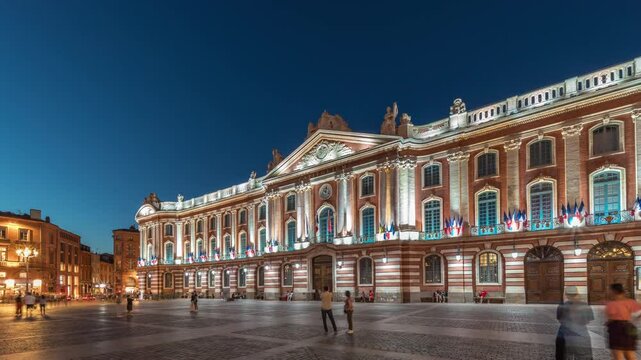 The Capitole de Toulouse day to night transition timelapse hyperlapse showcases the historic city hall and municipal heart of Toulouse, France, located at Place du Capitole under an evening sunset sky