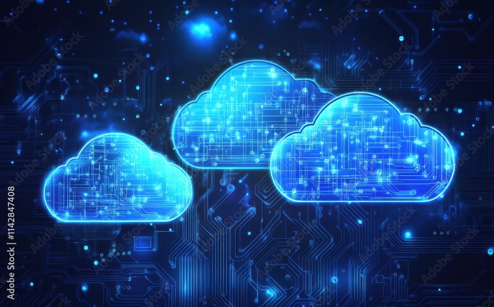 Poster illustration of three blue, glowing clouds with circuit board patterns the background is dark blue w