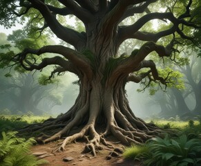 Old tree's extensive root system amidst lush green undergrowth,  tree,  root,  forest