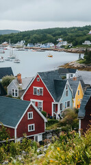 Scenic coastal view featuring colorful houses and boats in a tranquil harbor.