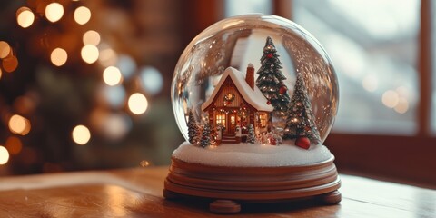 Christmas and New Year Banner: Shimmering Crystal Snow Globe with Festive House and Fir Tree in a Winter Wonderland