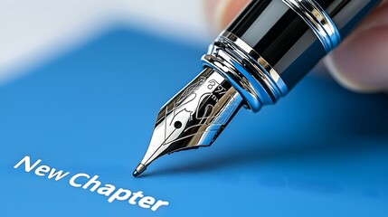 Naklejka premium Elegant Fountain Pen Writing New Chapter on Blue Background