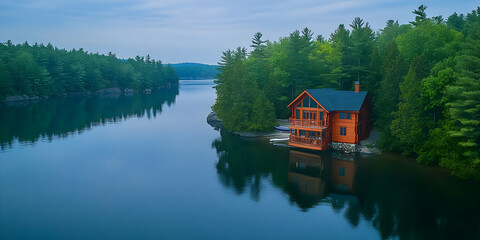 Obraz premium A serene lakeside cabin surrounded by lush trees and calm water at dawn.