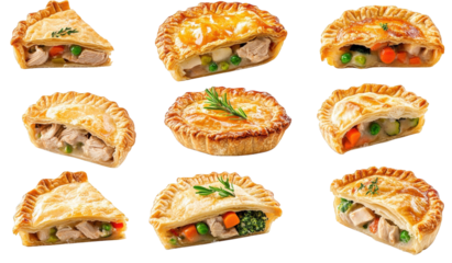 a collection of nine delicious chicken pot pies with flaky crust and savory filling. isolated on a transparent background