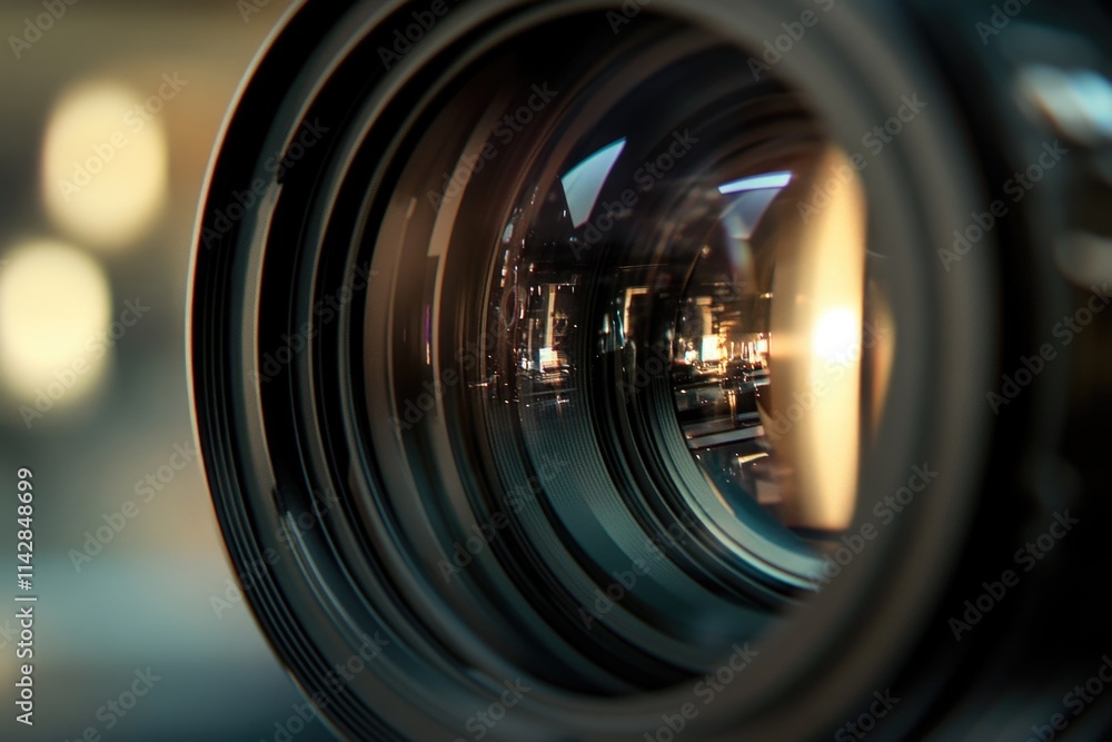 Poster close-up shot of a camera lens with a cityscape in the background, perfect for photography-related c