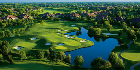 A scenic view of a golf course with lush greenery and a serene water body.