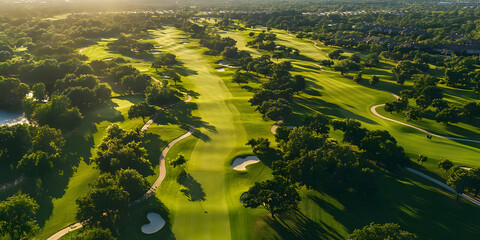 Aerial view of a lush golf course with manicured greens and winding paths.