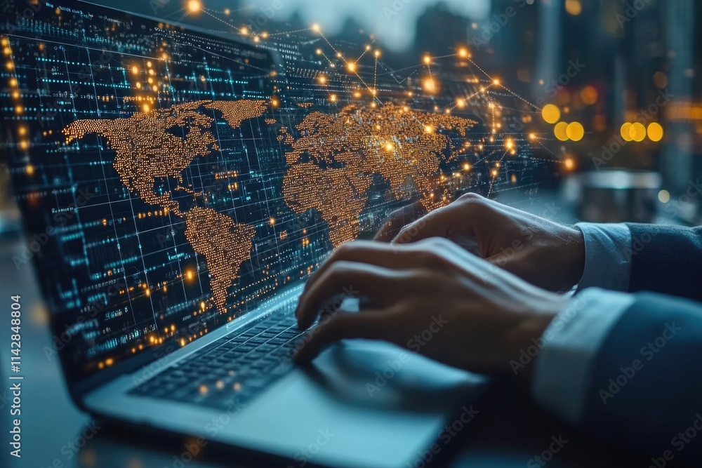 Poster person planning a trip using a laptop with a world map displayed on the screen, ideal for travel or 
